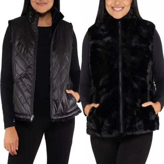 Nicole Miller Women's Plus Reversible Cozy Quilted Faux Fur Insulated Puffer Vest