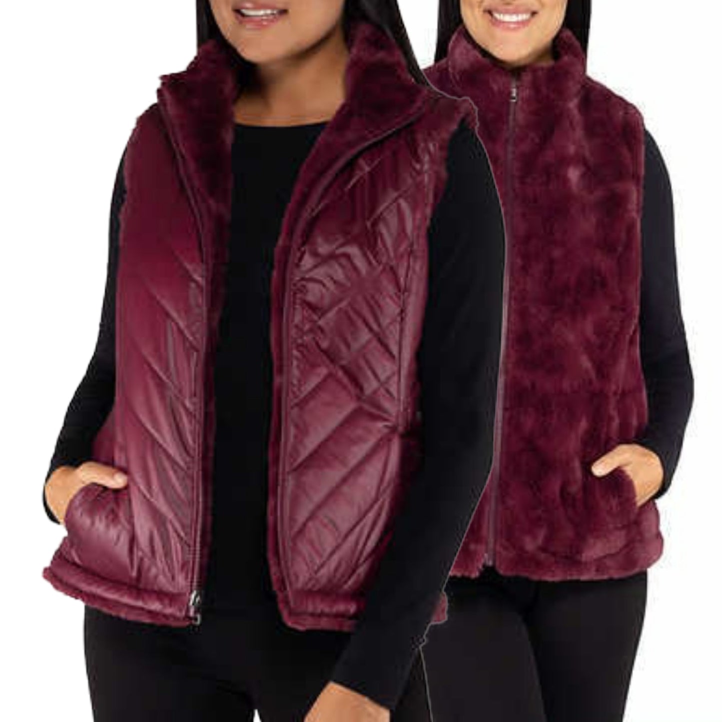 Nicole Miller Women's Reversible Quilted Faux Fur Insulated Puffer Vest