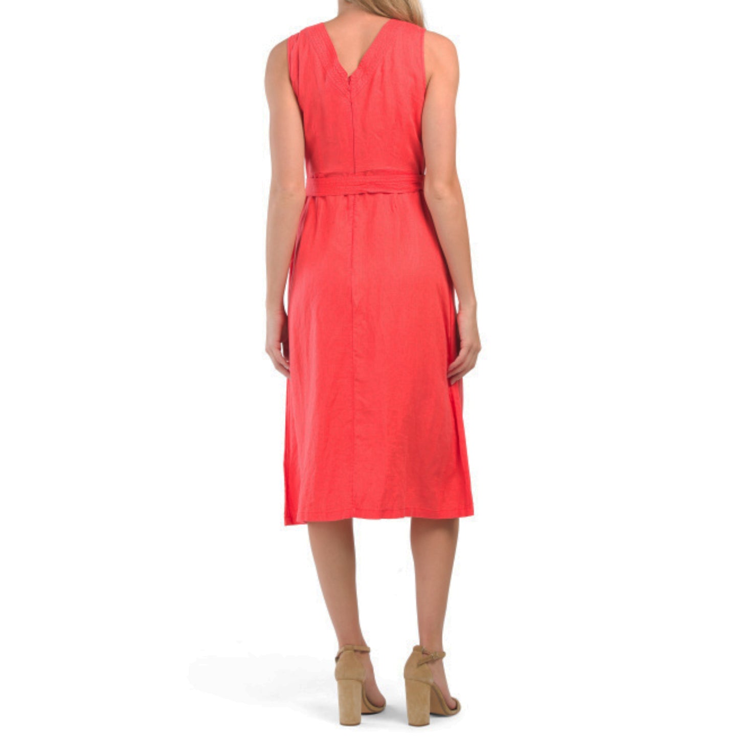 Nicole Miller Women's Linen V-Back Tie Waist Fit & Flare Midi Dress