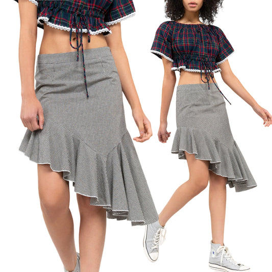 POL Asymmetrical Ruffle Hem Gingham Cotton Mini Skirt