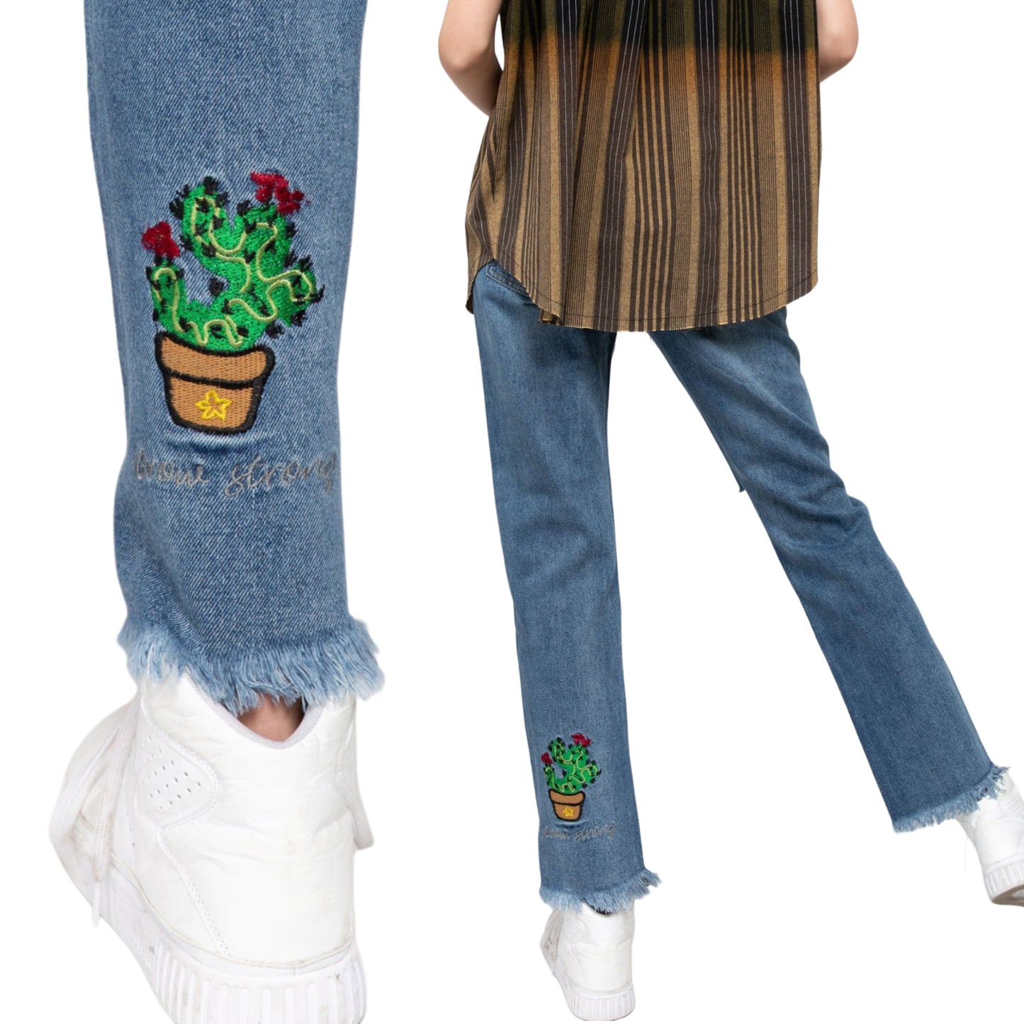 POL Distressed Raw Hem with Cactus Embroidery Denim Jeans