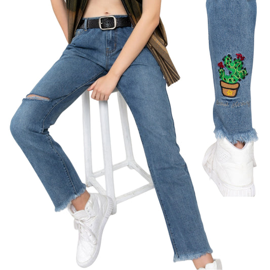 POL Distressed Raw Hem with Cactus Embroidery Denim Jeans