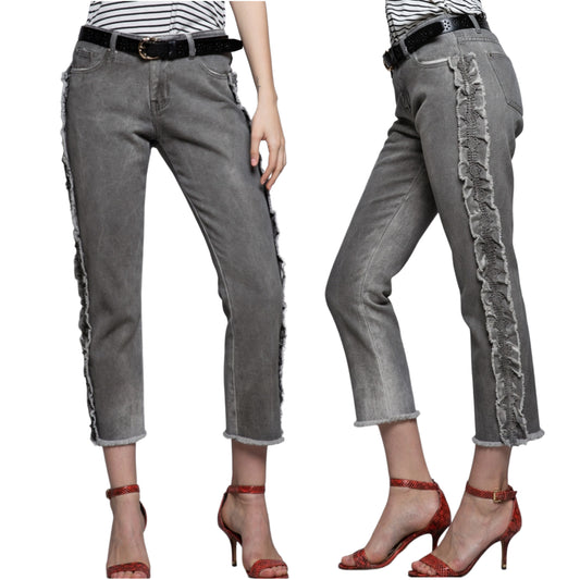 POL Ruffle side Mid Rise Cropped Gray Denim Jeans