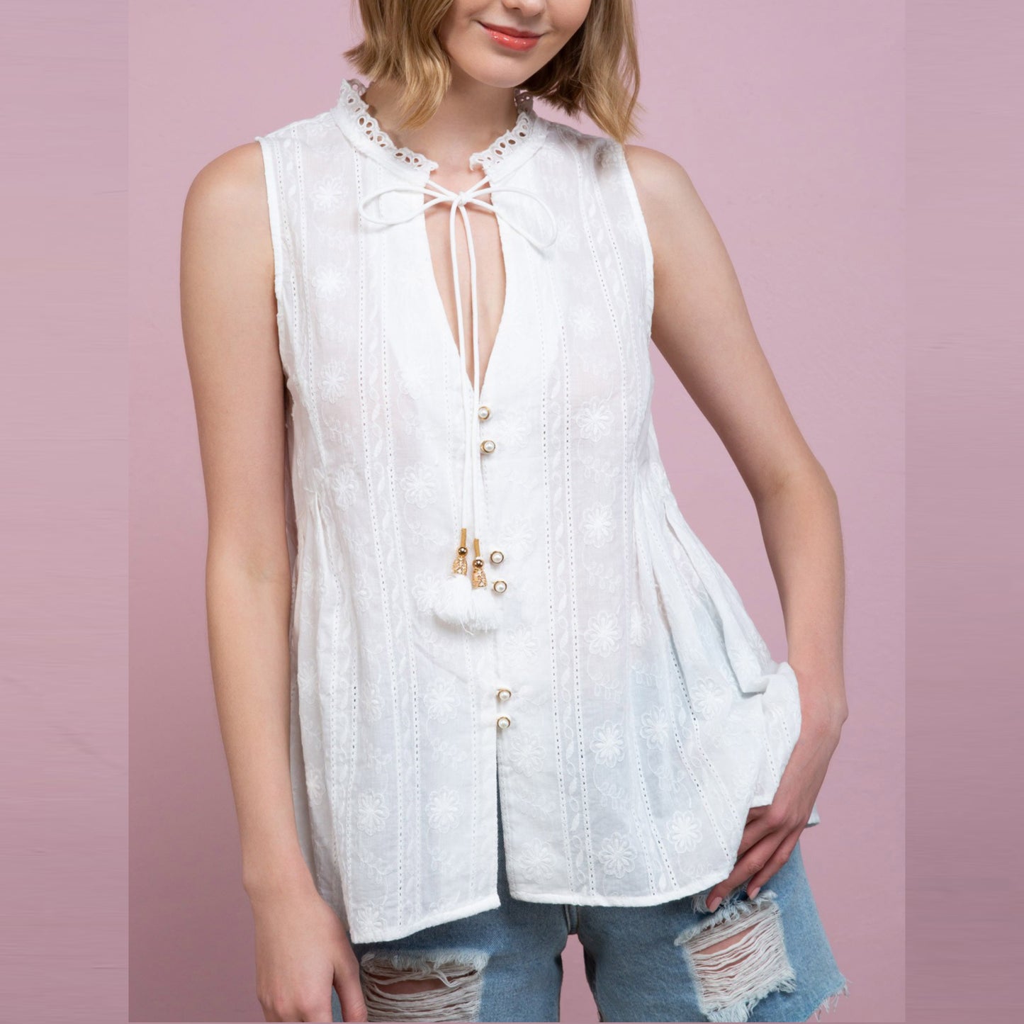 POL Femme Embroidered Eyelet Trim V-neck with Tassel Ties Blouse Tunic