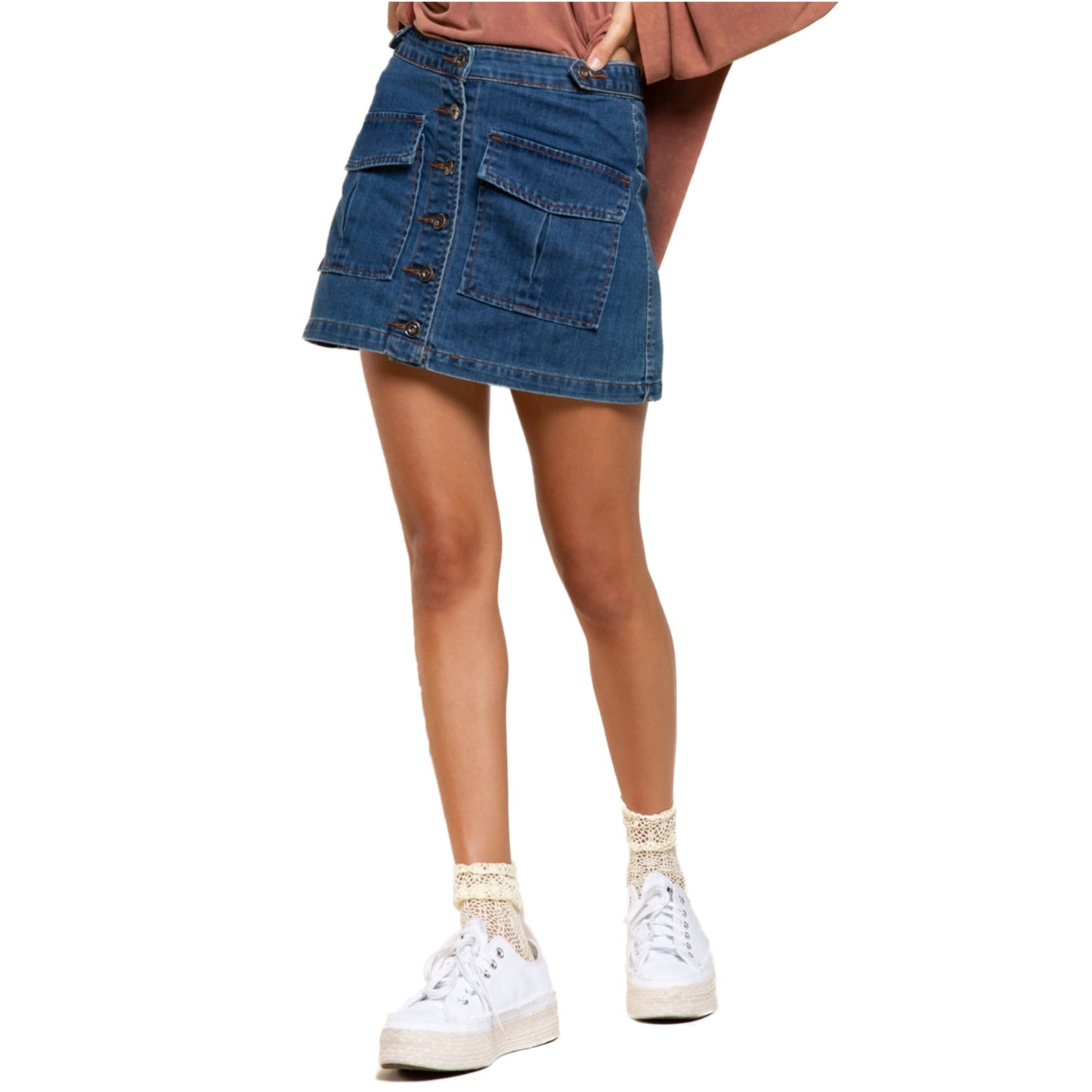 POL Women's Button Front Two Flap Pockets Denim Mini Jean Skirt