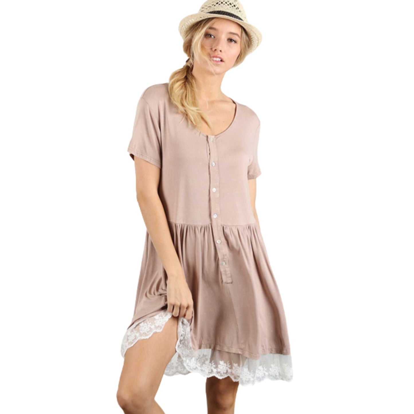 POL Lace Trim Ruffle Hem Button Closure T-shirt Mini Dress