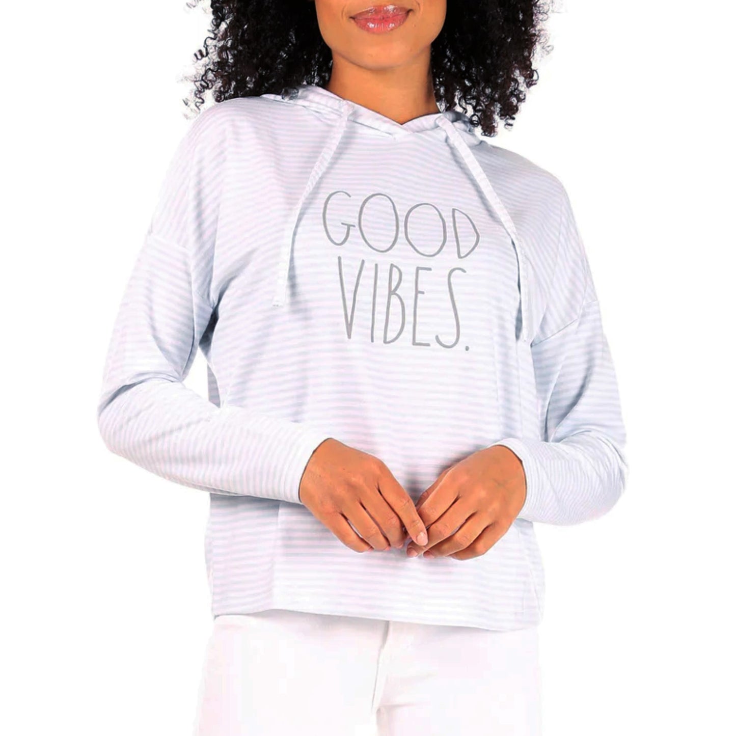 Rae Dunn Women's Ultra Soft Good Vibes Graphic Print Striped Sweatshirt Top Hoodie