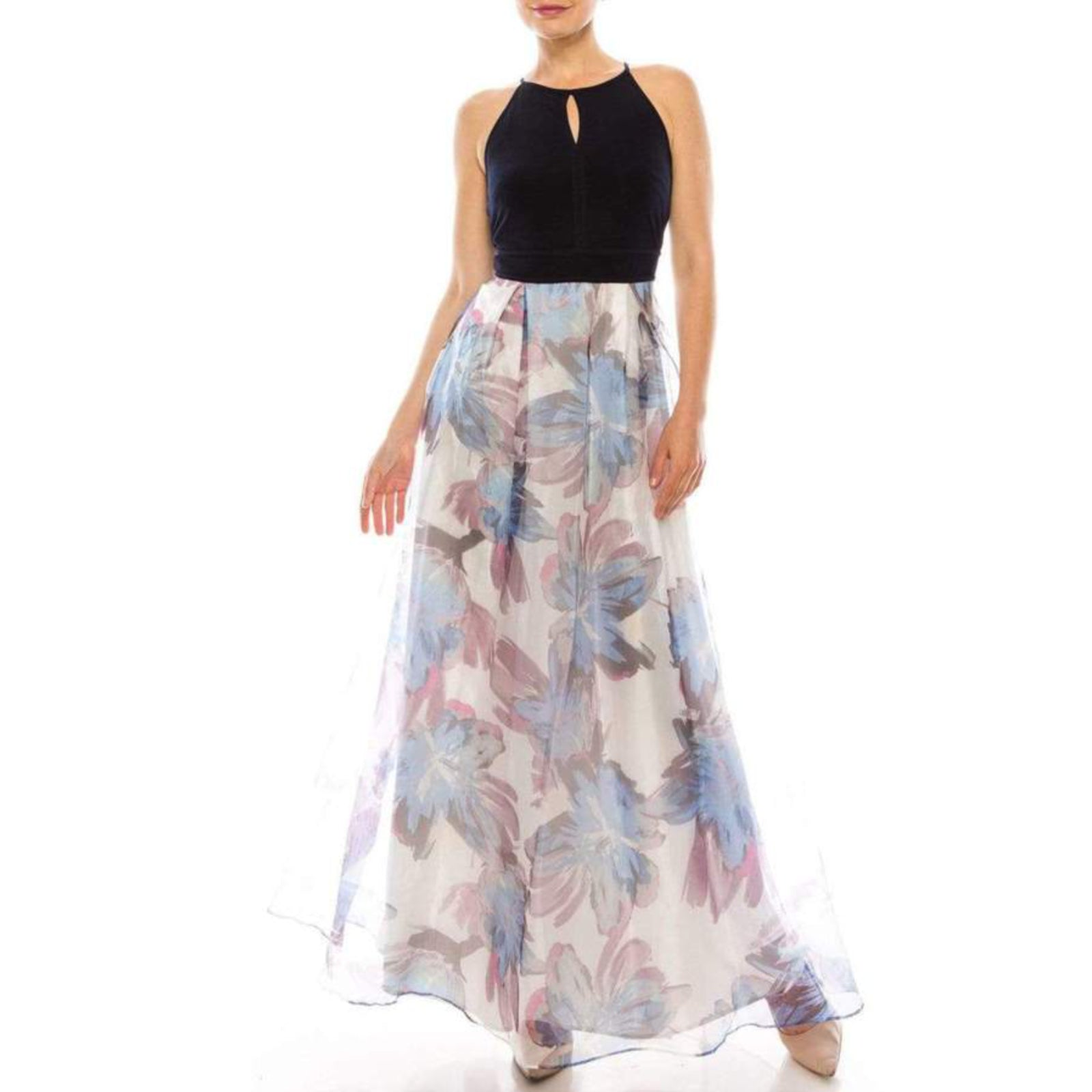 Be the belle of the ball in this SL FASHIONS Floral Skirt Maxi Dress. The elegant keyhole top and flowy organza skirt will turn heads, while the playful floral print adds a touch of whimsy. Perfect for any special occasion, this dress is both stylish and fun!