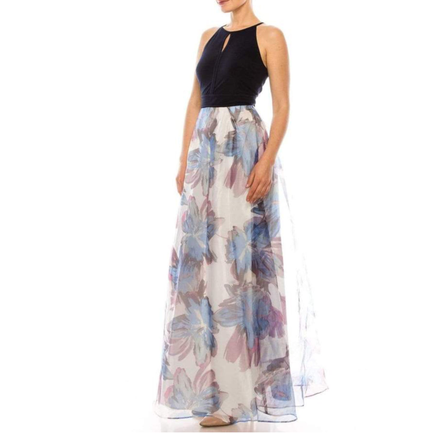 Be the belle of the ball in this SL FASHIONS Floral Skirt Maxi Dress. The elegant keyhole top and flowy organza skirt will turn heads, while the playful floral print adds a touch of whimsy. Perfect for any special occasion, this dress is both stylish and fun!