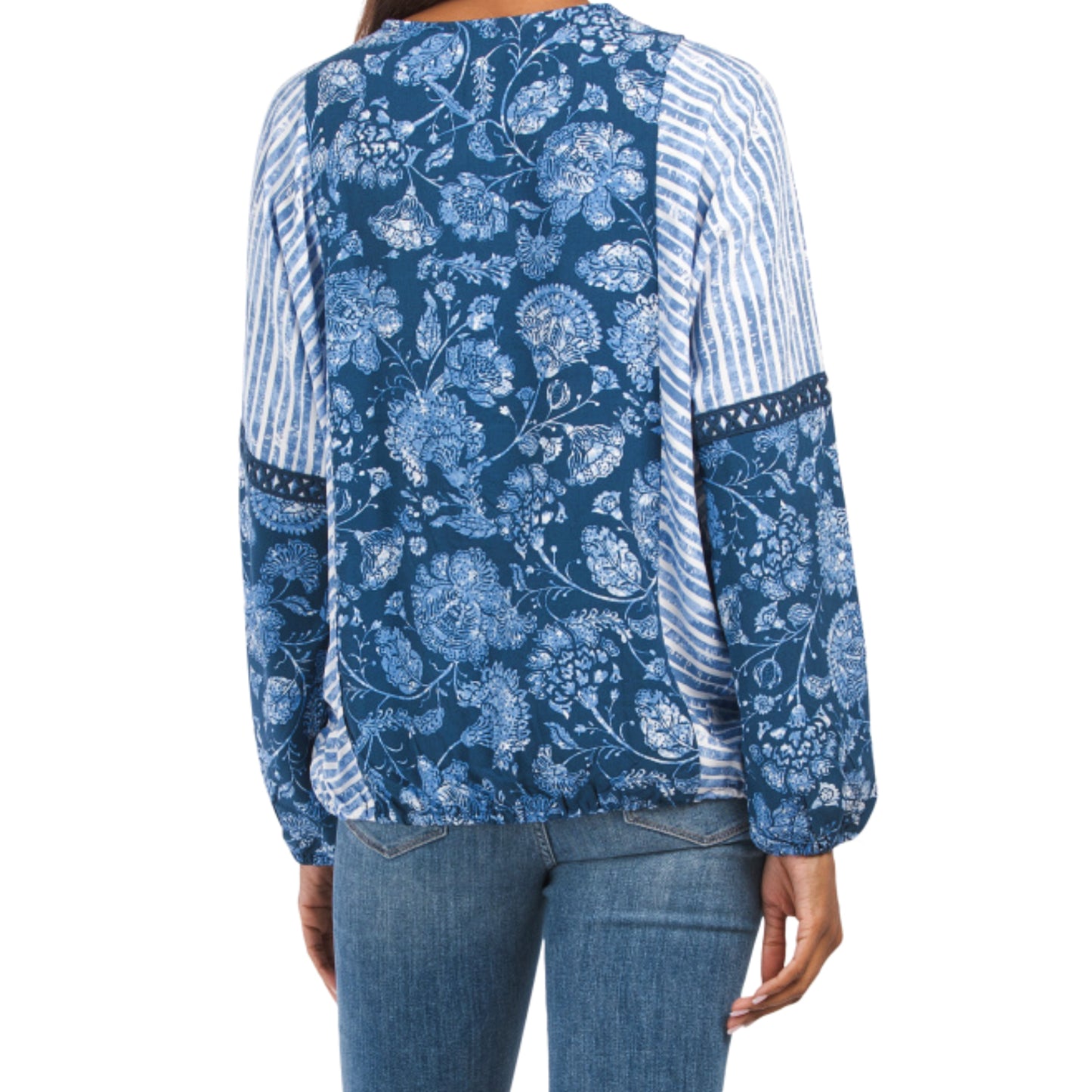 Spense Women's Boho Floral Print Crochet Detail Long Sleeve Blouse Tunic