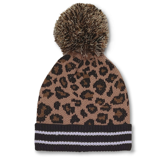Steve Madden Leopard Print Cuffed Pompom Beanie Knit Winter Hat