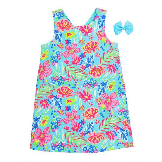 Tommy Bahama Girls Printed Cotton Shift Dress With Hair Clip