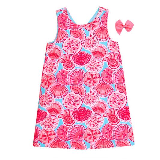 Tommy Bahama Girls Printed Cotton Shift Dress With Hair Clip