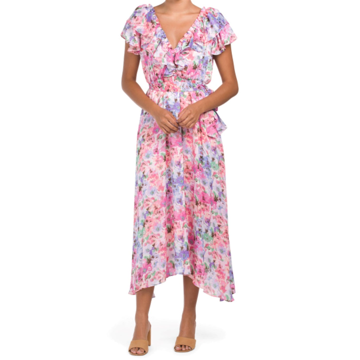 Taylor V-neck Floral Print Flutter Sleeve Hi-Low Hem Maxi Dress