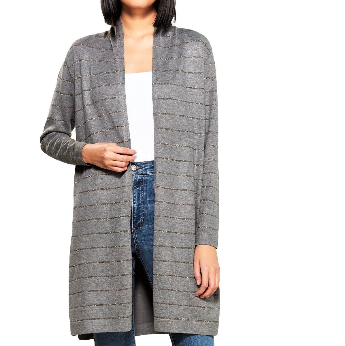 Vila Milano Women's Cotton Blend Metallic Stripes Open Front Cardigan