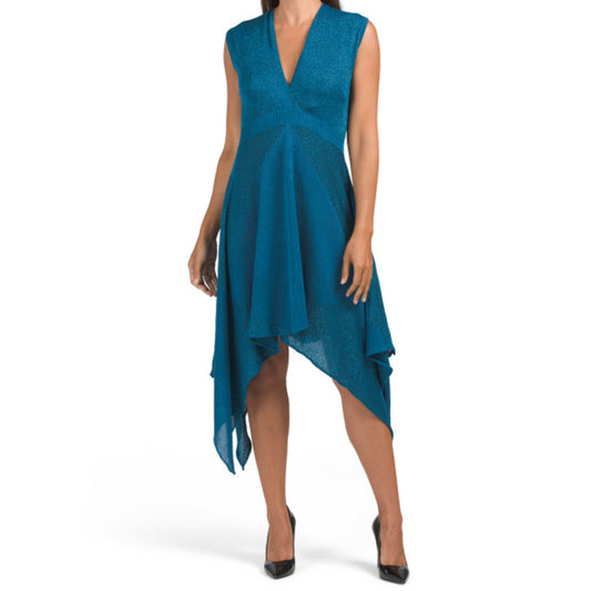 Vertigo Paris Women's Metallic Shimmery Asymmetrical Hem Midi Dress