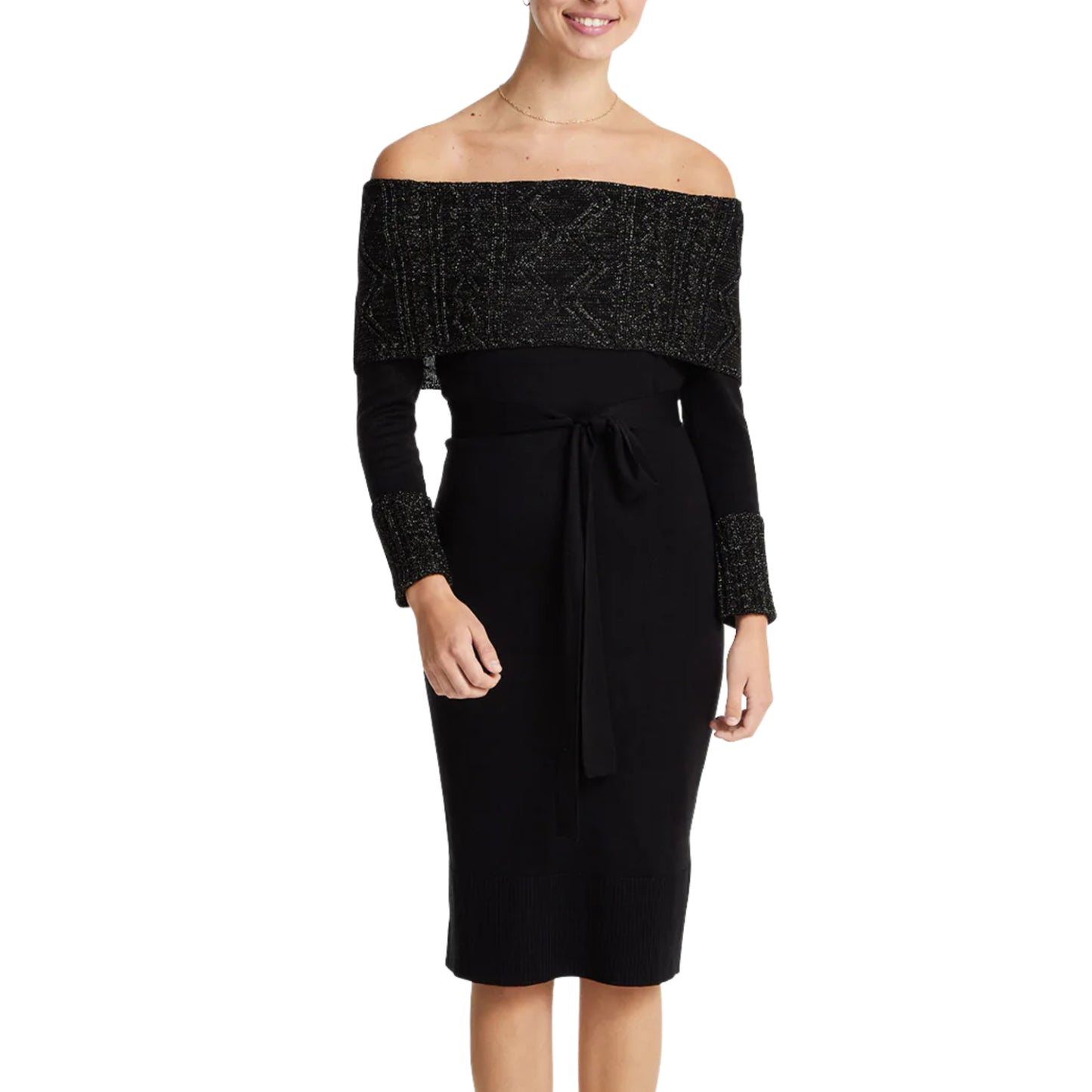 Vince Camuto Lurex Cuff Off the Shoulder Knit Cocktail Midi Dress