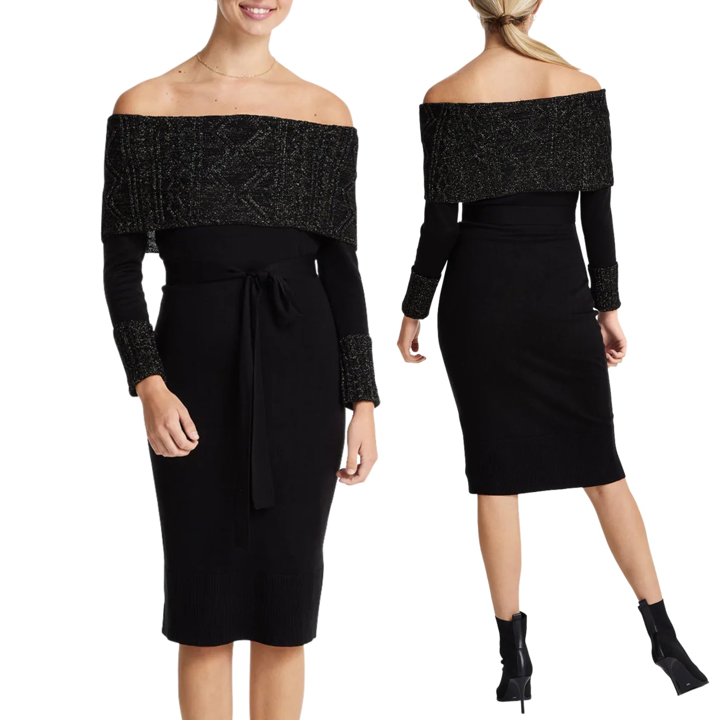 Vince Camuto Women's Metallic Off the Shoulder and Cuffs Knit Cocktail Midi Dress