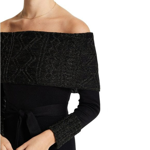 Vince Camuto Women's Metallic Off the Shoulder and Cuffs Knit Cocktail Midi Dress