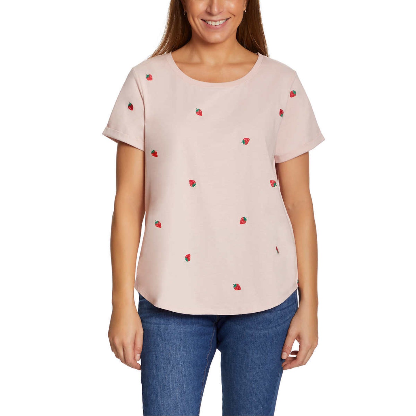 Vintage America Women's Strawberries Embroidered Relaxed Fit Tee Lightweight Cotton Blend T-Shirt