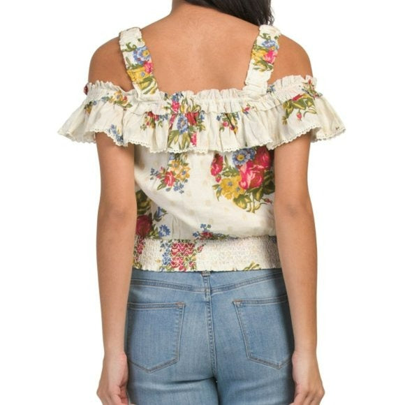 Hause of Harlow Smocked Floral Print Ruffle Off the shoulder Blouse Top