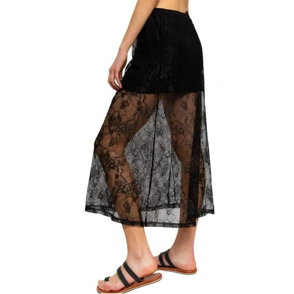 POL Boho Floral Lace Elastic Waistband Maxi Skirt