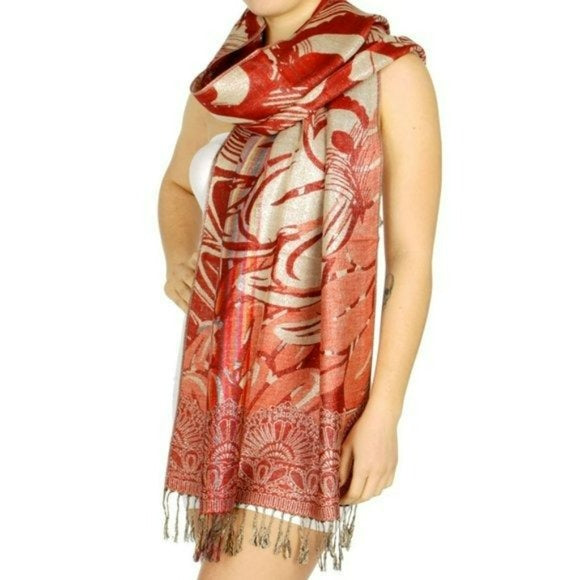 Pashmina Reversible Peacock's Feather Fringed Pashmina Shawl Evening Wrap