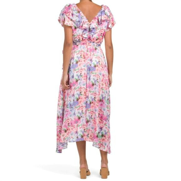 Taylor V-neck Floral Print Flutter Sleeve Hi-Low Hem Maxi Dress