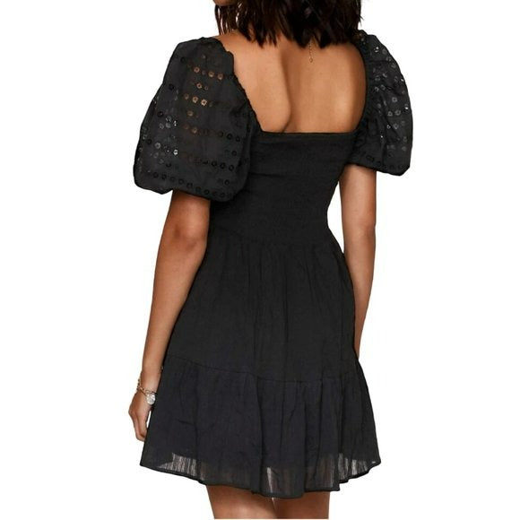 HEARTLOOM Cella Embroidered Eyelet Puff Sleeves Smocked Tiered Mini Dress