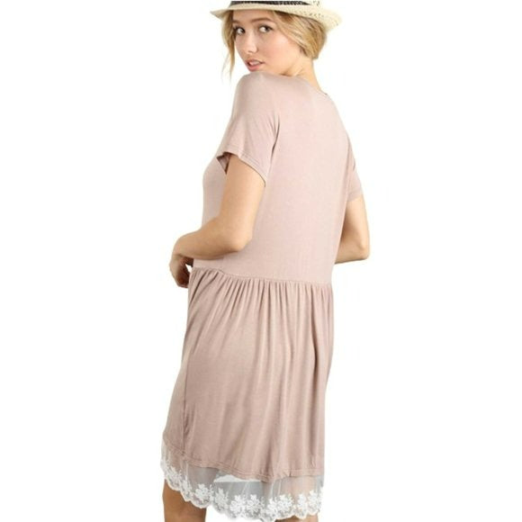 POL Lace Trim Ruffle Hem Button Closure T-shirt Mini Dress