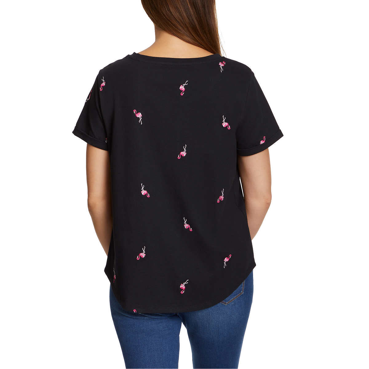 Vintage America Women's Flamingos Embroidered Relaxed Fit Tee Lightweight Cotton Blend T-Shirt