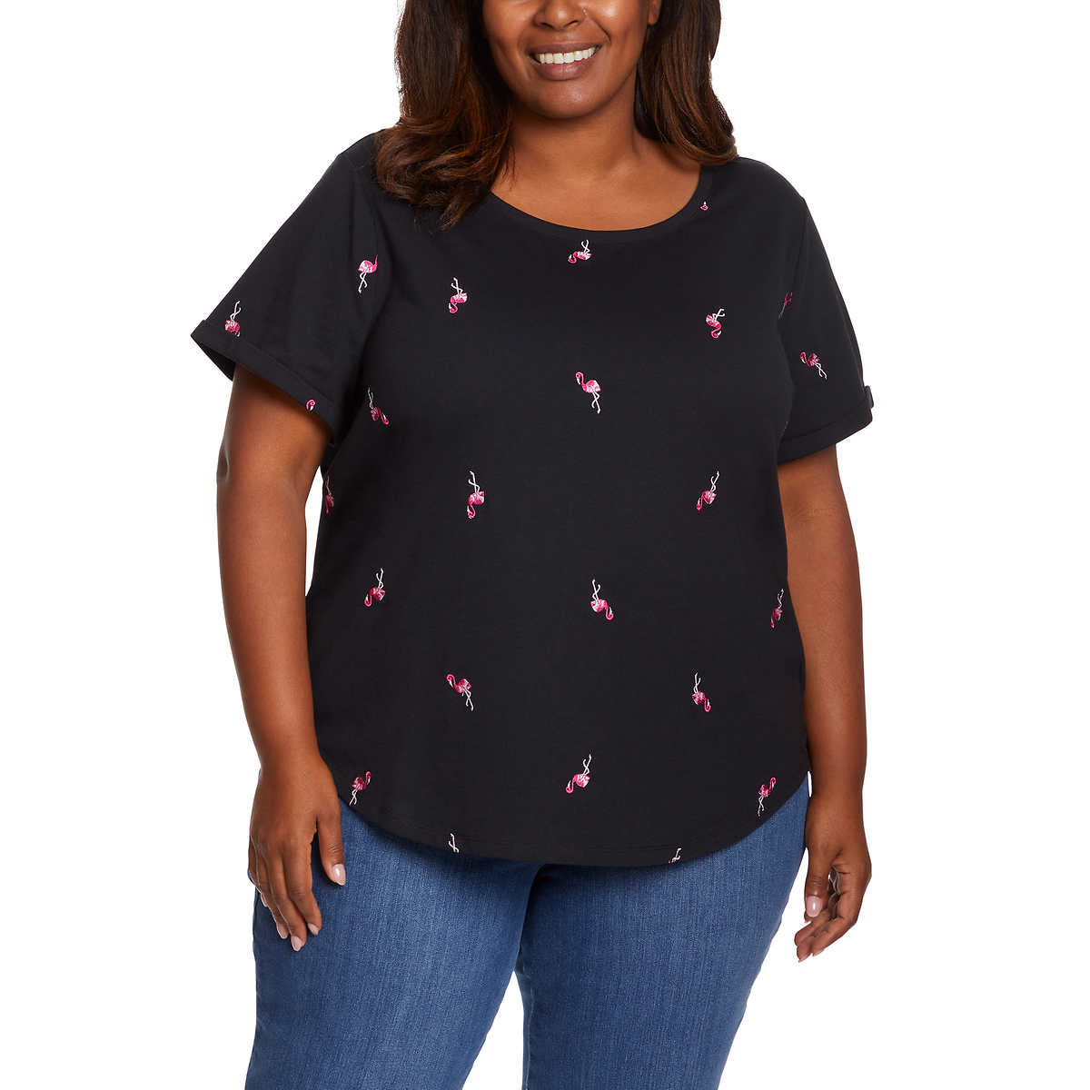 Vintage America Women's Flamingos Embroidered Relaxed Fit Tee Lightweight Cotton Blend T-Shirt