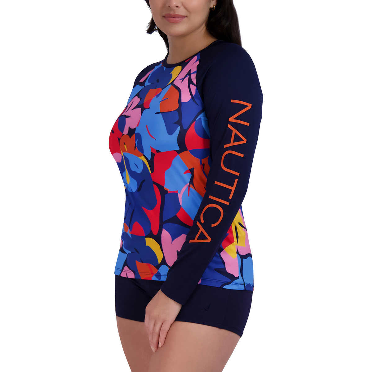Nautica Women's Long Sleeve Floral Graphic Print UPF 30+ Beach Swim Rashguard Top